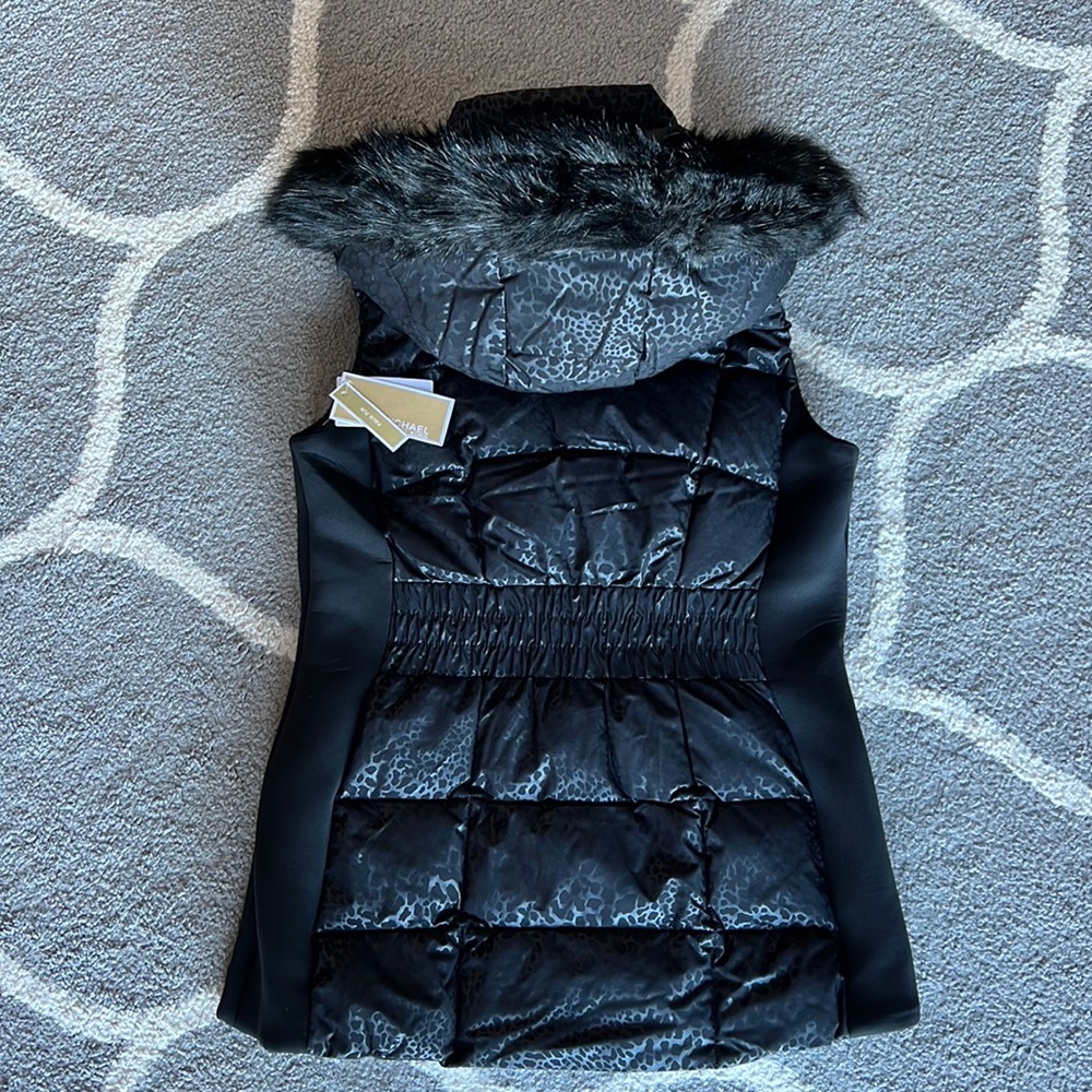 Michael Kors, black vest with faux fur hood, gold hardware, small